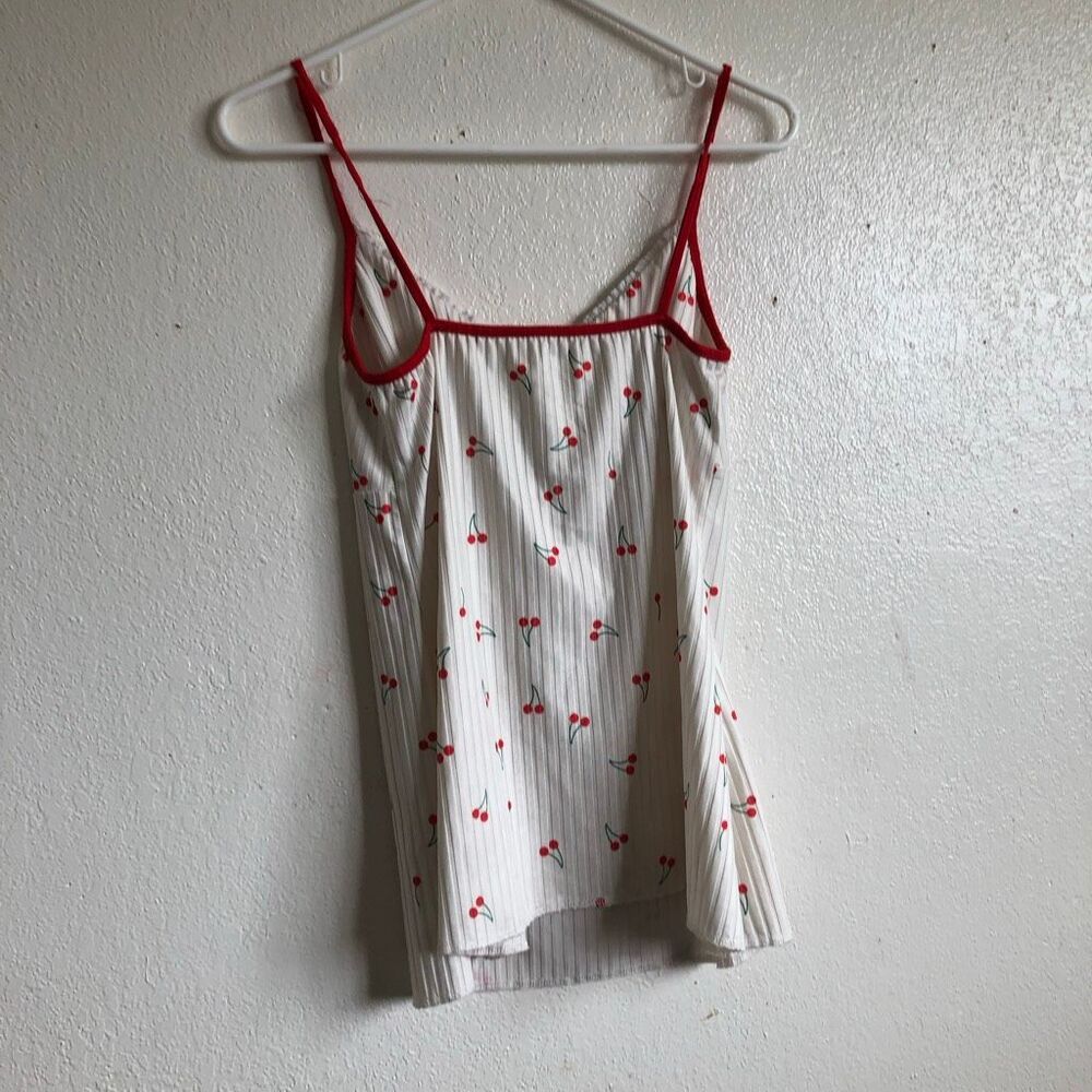 Y2K Aesthetic babydoll Cherry Print Ribbed Lace Trim Cami Top - Size S - Picture 5 of 6